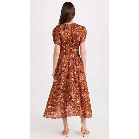 NWT A.L.C. Lucia Smocked V-Neck Midi Dress Size 10 Bronze Multicolor 1B460 - Picture 3 of 10